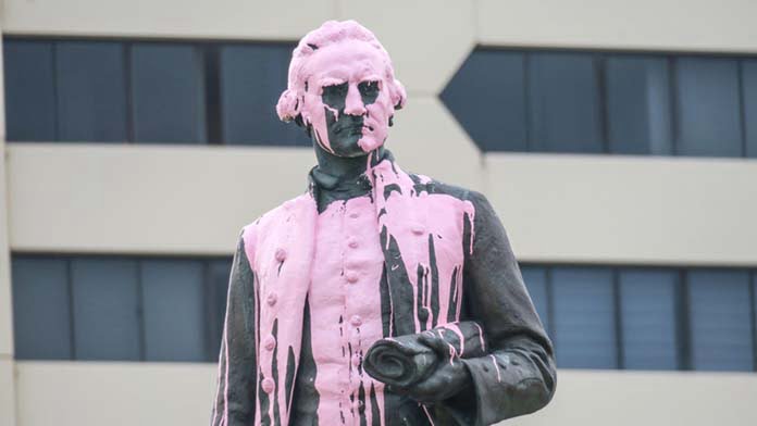 Australia Day January 26 2018: Captain Cook Statue in the Melbourne suburb of St Kilda is splattered in pink paint by invasion day protesters.