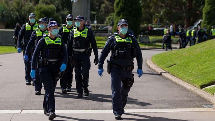Melbourne, Australia, 5 September, 2020. A heavy police presence during the Melbourne Freedom Protest, Phillip Island Circuit, Australia. Credit: Dave Hewison/Alamy Live News