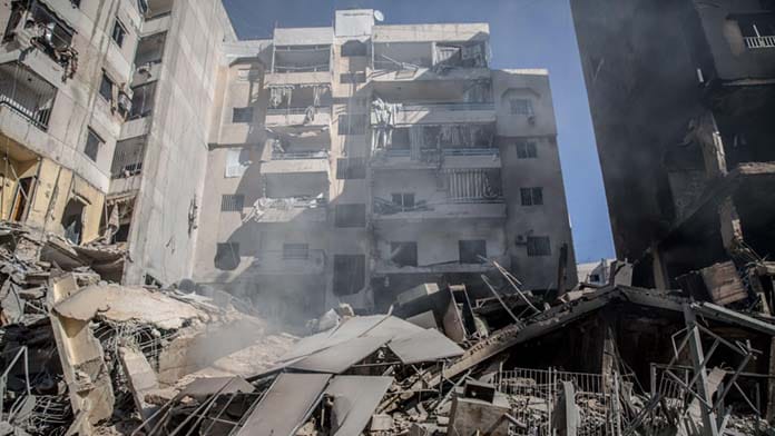 Beirut, Lebanon. 23rd Oct, 2024. A view of the destruction in the aftermath of air strikes on the Hezbollah-linked Al-Qard Al-Hassan financial institution in Dahiyeh, Beirut's southern suburbs. More than one fifth of the country's population have been dis