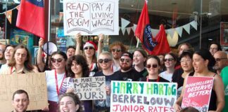 Workers strike for pay and penalty rates at Harry Hartog and Berkelouw books
