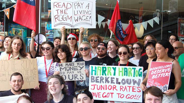 Workers strike for pay and penalty rates at Harry Hartog and Berkelouw books